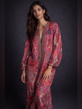 Metallic Floral Caftan Dress Embellished Trim Pink | Function & Fringe Edit
